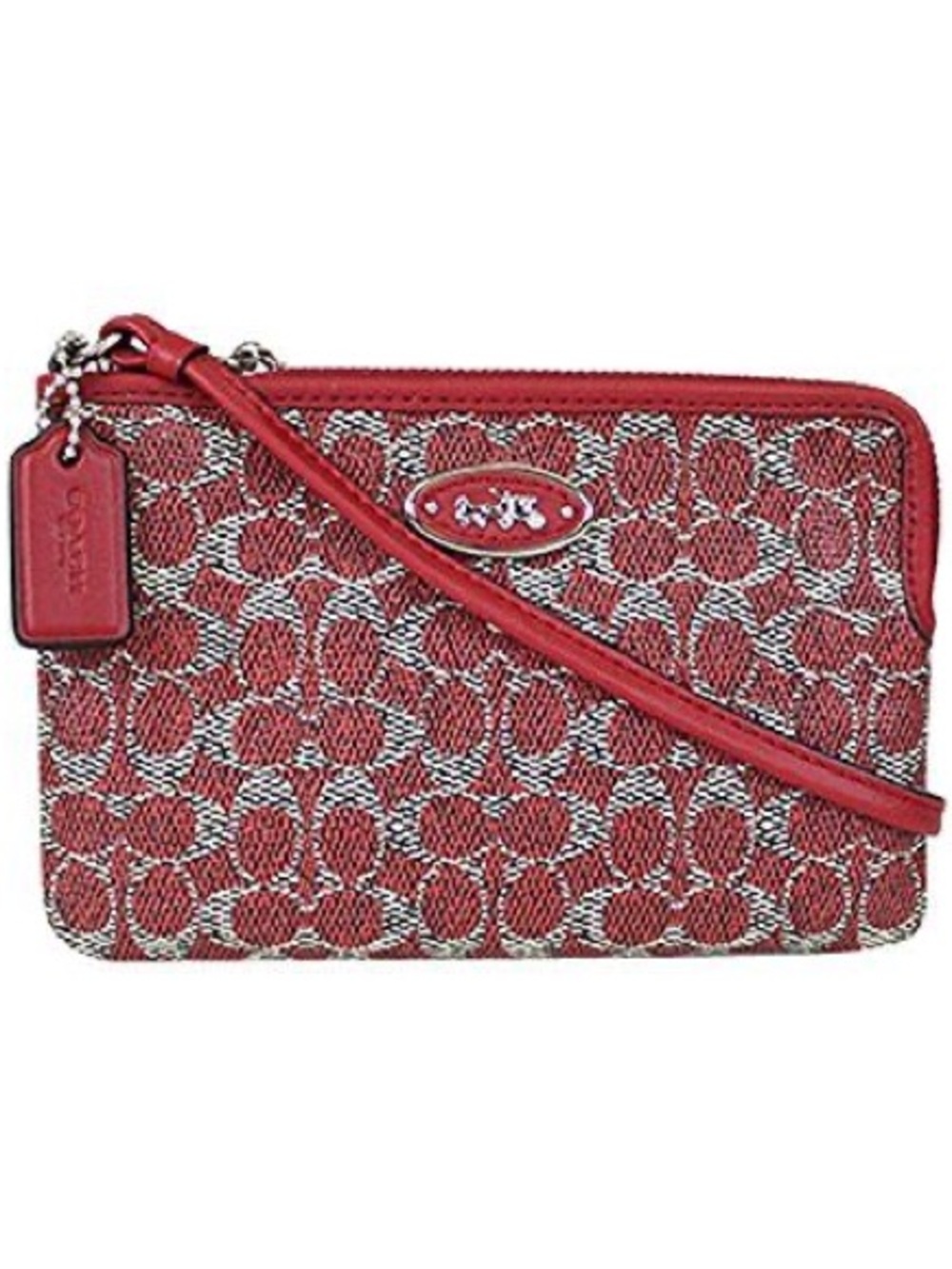 Coach Signature C Ocelot/Waverly Corner Zip Wristlet (F52438) Silver/Red NWT